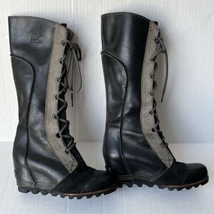 Sorel Cate The Great Black Grey Leather Wedge Heel Tall Lace Boot Waterproof 6.5